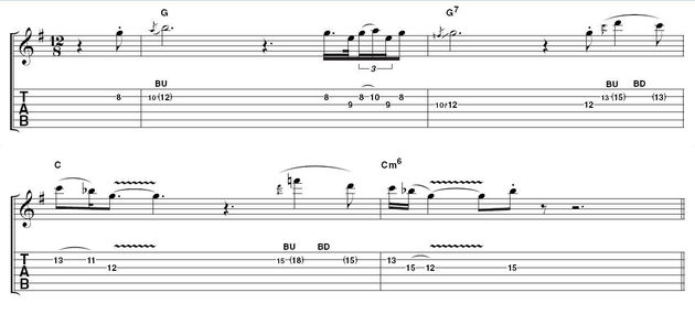 Example 2: developing the lead.  An alternative take to Example 1, this keeps the minimalist feel, but adds a couple of slightly more animated moments. The use of space is at least as important as the notes that feature in between.